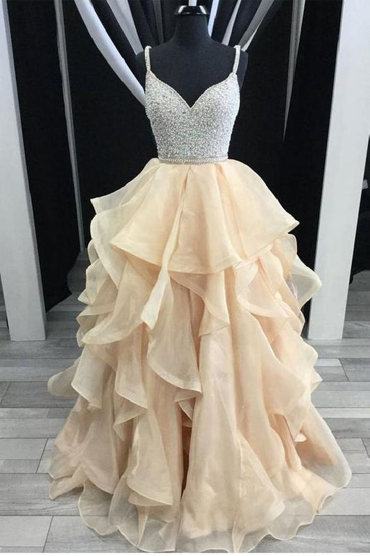 Spaghettiträger Strass Stufenrock Hi-Lo Rückenfrei Ballkleider Abendkleider Kleid cg461