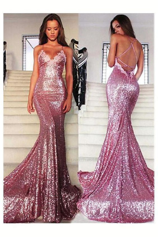Spaghettiträger rosa Pailletten Ballkleid, schlichtes Ballkleid cg462
