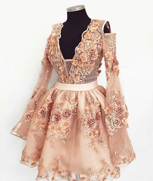 Süßes Champagner-Kurzes Homecoming-Kleid mit Spitzenapplikation cg463