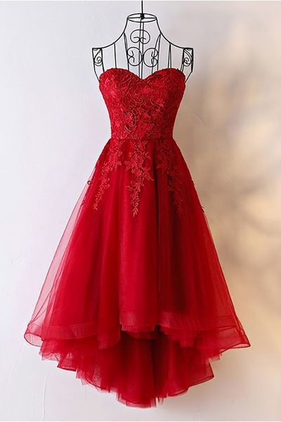 Einzigartiges Burgunder High Low Tüll Günstiges Ballkleid mit Applikationen cg464