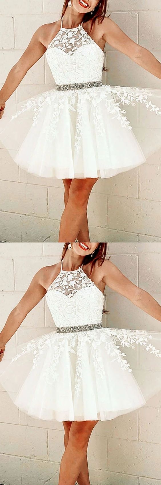 Kurzes Kleid aus weißem Tüll und Spitze, weißes Homecoming-Kleid aus Spitze, cg4647
