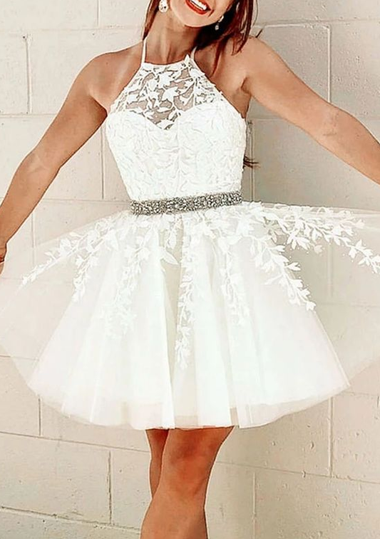 Kurzes Kleid aus weißem Tüll und Spitze, weißes Homecoming-Kleid aus Spitze, cg4647