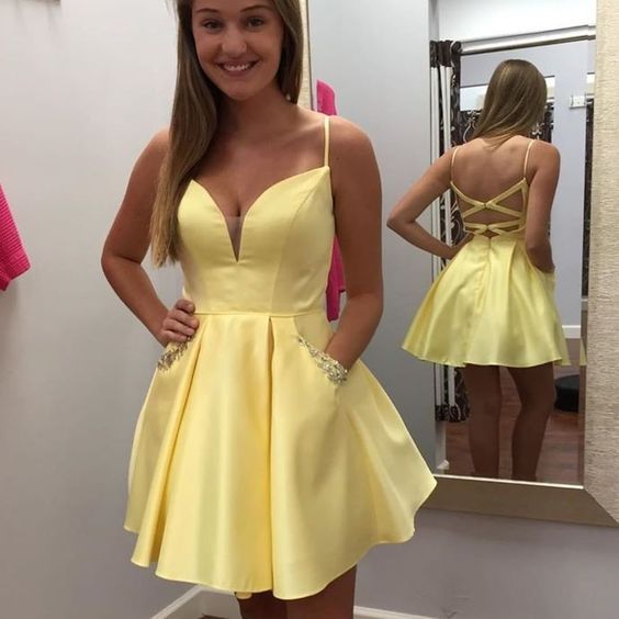 Gelbe Homecoming-Kleider kurz, Kurze Partykleider, Homecoming-Kleid, Abschlusskleid cg4658