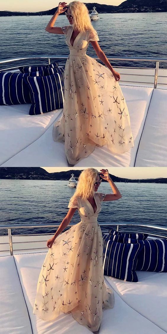 A-line V neck Champagne Prom Dresses With Sleeve Formal Gown Evening Dresses cg4666