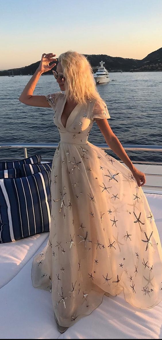 A-line V neck Champagne Prom Dresses With Sleeve Formal Gown Evening Dresses cg4666