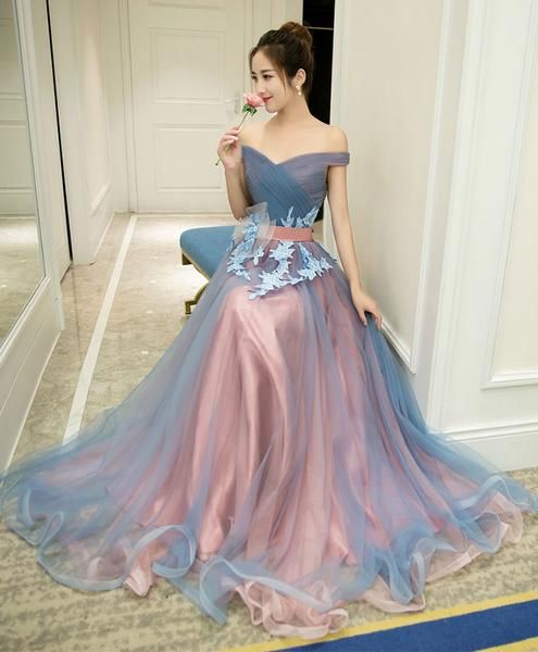 Graublaues schulterfreies langes Ballkleid aus Tüll, graublaues Abendkleid cg467
