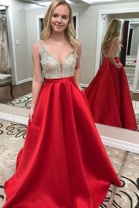 2019 rotes langes Ballkleid mit Taschen, rotes Ballkleid mit silbernem Paillettenoberteil cg468