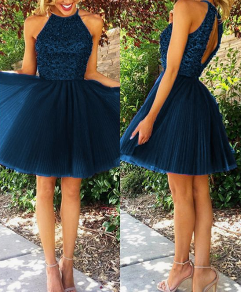 marineblaues Homecoming-Kleid, kurzes rückenfreies Tüllkleid, cg4684