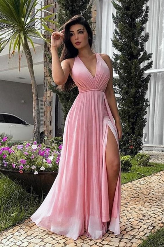 Fashion V-Neck Pink Chiffon Side Slite Prom Dress Custom Made Long A-Line Formal Evening Dress cg4698
