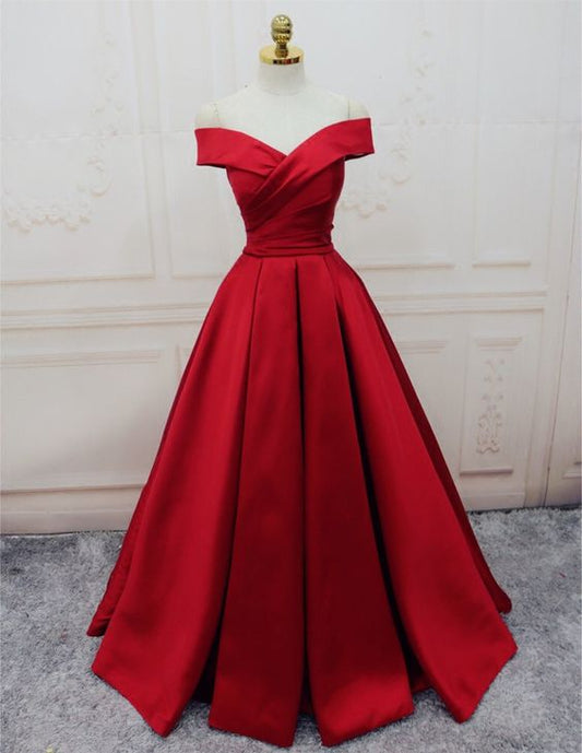 Abendkleider, A-Linie/Prinzessin-Ballkleider, Lange Partykleider, Schulterfreies rotes langes Satin-Partykleid cg471