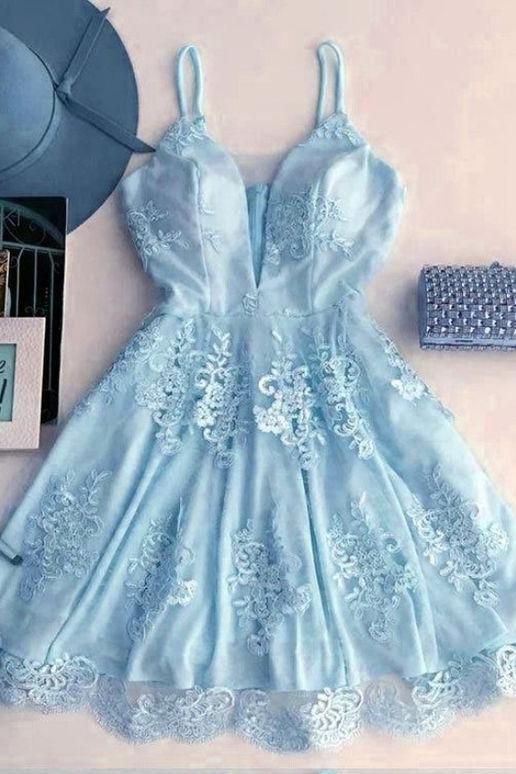 hellblaues Homecoming-Kleid, kurzes Homecoming-Kleid, Cocktailkleid mit V-Ausschnitt, halbformelle Kleider, elegantes Partykleid cg475