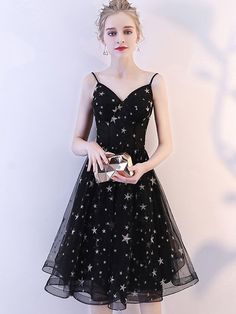 Ärmelloses A-Linien-Heimkehrkleid mit Pailletten und V-Ausschnitt und Sternen, cg477