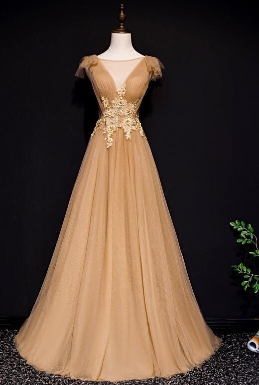 Gold Tulle Long Party Gown With Applique, Elegant Formal Dress 2019 cg4771