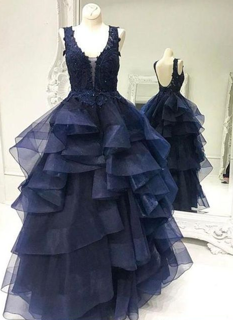 Navy Blue Sleeveless A Line Prom Dresses,Lace Appliques Evening Dress cg4775