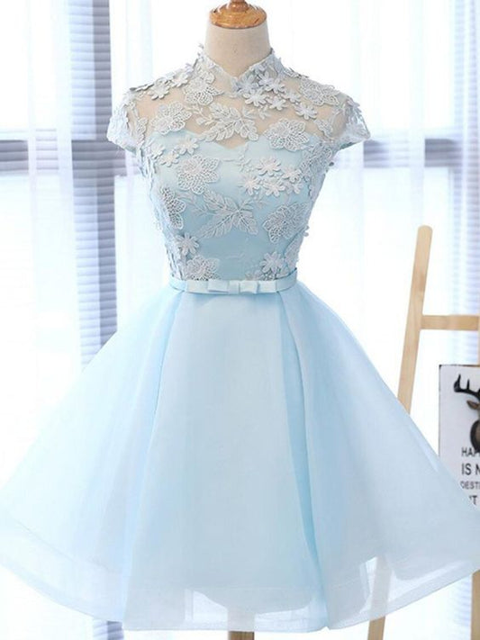 Schickes hellhimmelblaues Homecoming-Kleid aus Tüll mit hohem Halsausschnitt, Homecoming-Kleid, Partykleid cg479