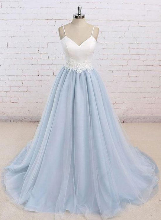 Einfaches, babyblaues langes Ballkleid mit V-Ausschnitt, Abendkleid cg480