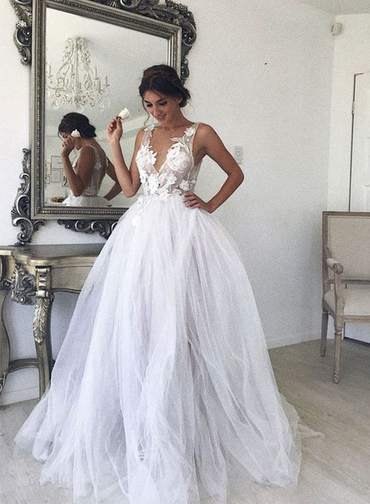 Weißes langes Ballkleid mit V-Ausschnitt und Tüllspitze, Abendkleid cg4804