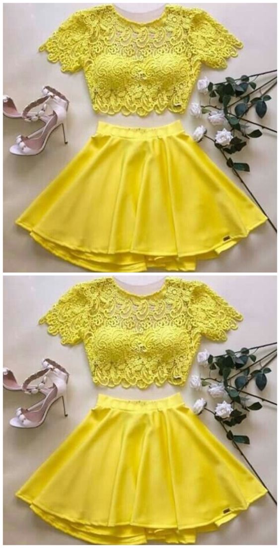 gelbes zweiteiliges Homecoming-Kleid cg4809