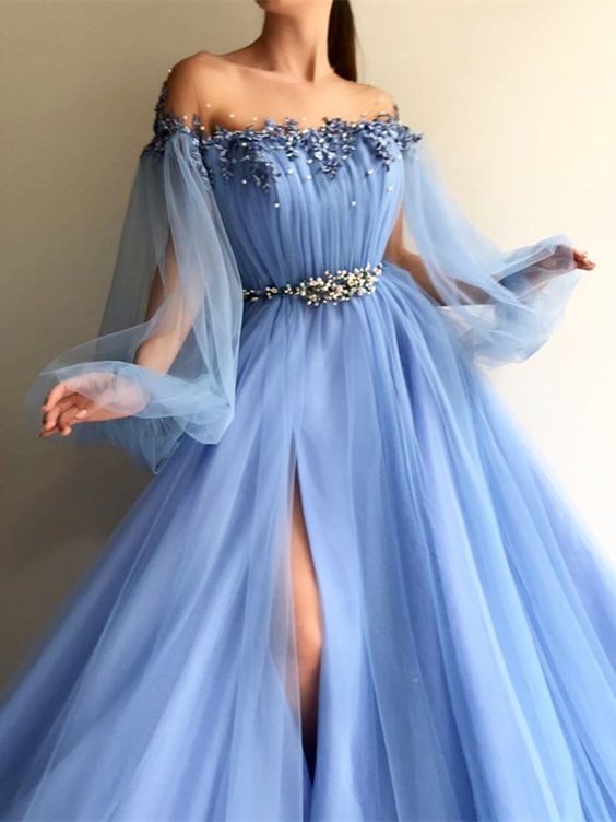 A-Line Long Sleeves Off-The-Shoulder Tulle With Beading Floor-Length Dresses ,modest prom dress cg483