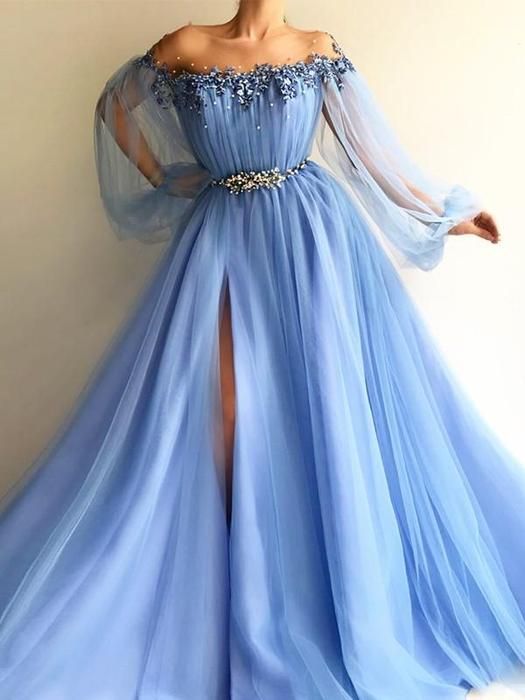 A-Line Long Sleeves Off-The-Shoulder Tulle With Beading Floor-Length Dresses ,modest prom dress cg483