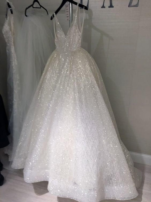 V-Ausschnitt, langes A-Linien-Brautkleid mit Glitzer, schlichtes Ballkleid cg484