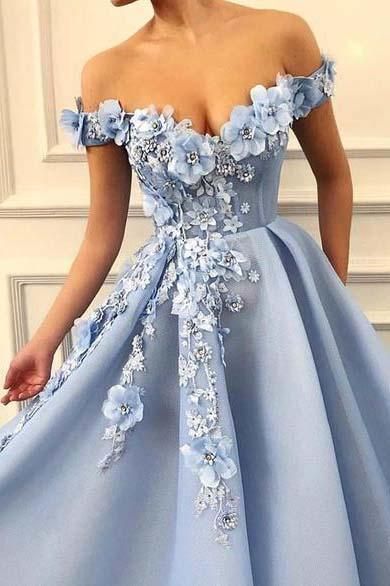 A-Linie Blau Off the Shoulder Tüll Spitze Herzausschnitt 3D Blumen Ballkleider, Formelle Kleider cg486