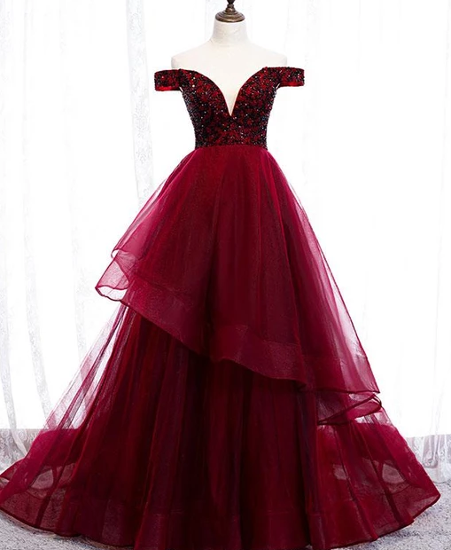 Wunderschönes, Burgunderrotes, herzförmiges, schulterfreies, langes Ballkleid aus Tüll, feierliches Kleid cg4865