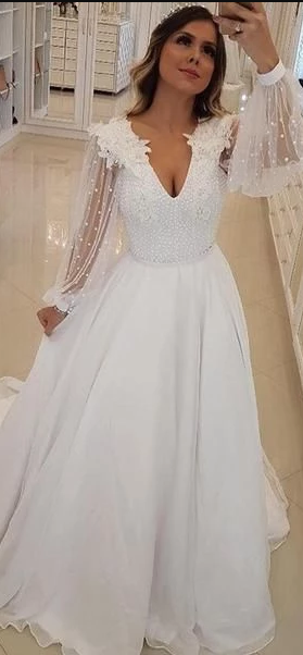 Weißes Chiffon Perlenbesetztes transparentes Langarm-A-Linien-Ballkleid cg4884