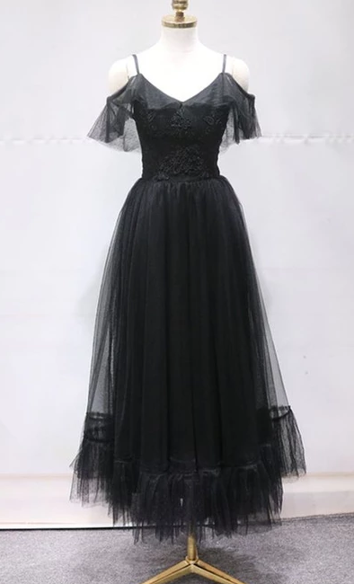 Schlichtes schwarzes Tüll-Off-Shoulder-V-Ausschnitt-Knöchellanges Ballkleid, Partykleid cg4888
