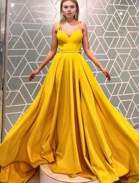 Gelbes Ballkleid, A-Linie Ballkleid, Satin Ballkleid, Spaghettiträger Ballkleid cg4889