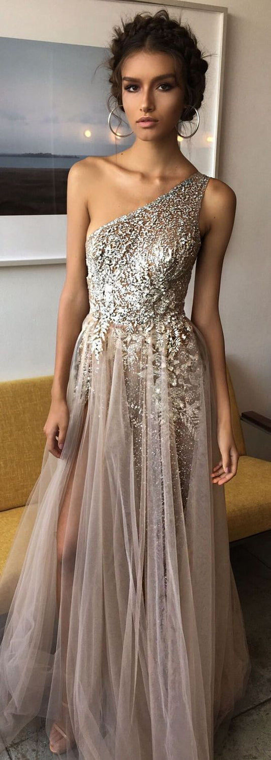 Sexy Abendkleid mit einer Schulter und seitlichem Schlitz, mit vielen Perlen und glitzernden Perlen, langes Ballkleid cg492