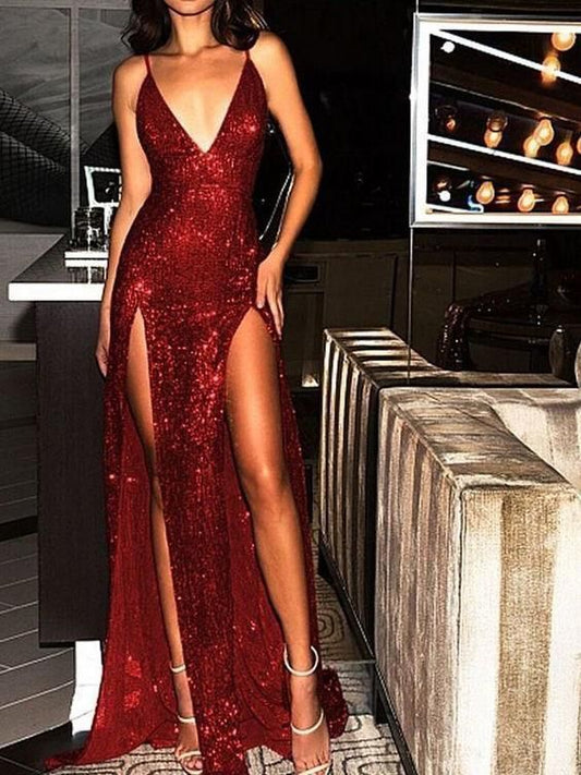 Glitzernde Ballkleider Burgunderrot V-Ausschnitt Langes Ballkleid mit Schlitz Sexy Abendkleid cg493