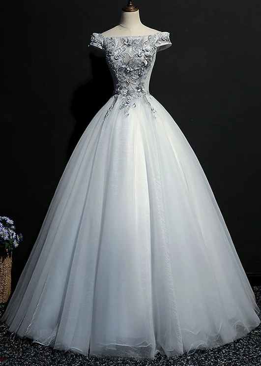 Graues, schulterfreies, langes Ballkleid aus Tüll und Spitze, graues Abendkleid, cg4931
