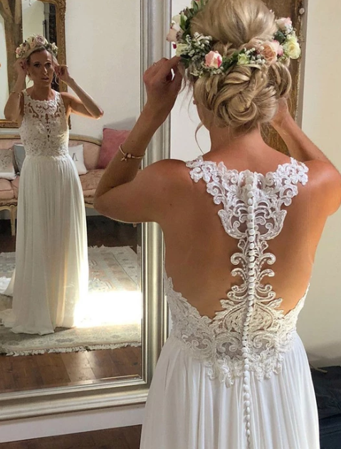 Elfenbeinfarbenes Chiffon-Spitzen-Langballkleid, Hochzeitskleid cg4936