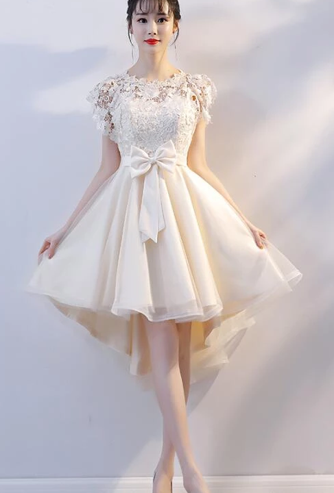 Schönes Champagner-Spitzen-Partykleid mit hohem Schlitz, süßes Tüll-Ballkleid cg4938