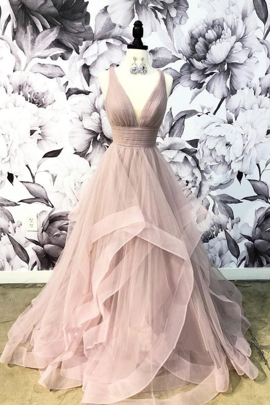 Champagnerfarbenes, langes Ballkleid aus Tüll mit V-Ausschnitt, Abendkleid aus Tüll, cg494