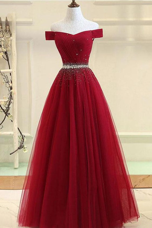 A-Linie, schulterfrei, weinrot, Tüll, mit Perlen, Ballkleid, Abendkleid, CG495