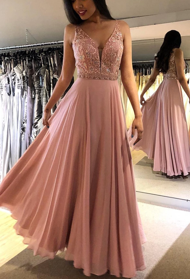 Blush V Neck Sleeveless Floor Length Prom Dresses, Sparkly Chiffon Long Formal Dress cg4952