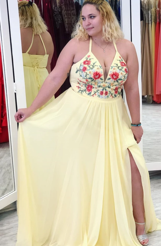 Gelbes Neckholder-Applikations-Ballkleid in Übergröße mit Schlitz, A-Linie, V-Ausschnitt, ärmelloses Partykleid cg4953
