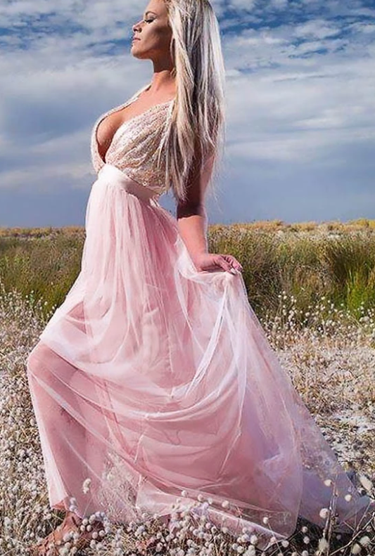 Ballkleid aus Tüll mit Spaghettiträgern, V-Ausschnitt und Pailletten, bodenlanges rückenfreies Partykleid cg4956