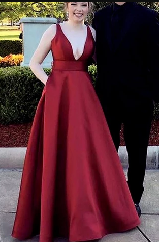 Burgunderrotes langes Ballkleid aus Satin mit tiefem V-Ausschnitt, bodenlanges formelles Abendkleid cg4959