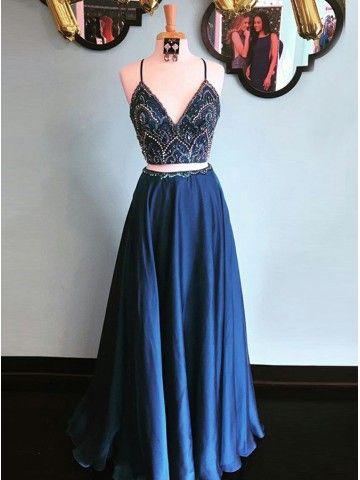 blaues zweiteiliges langes Ballkleid, blaues Abendkleid, formelles Kleid cg496