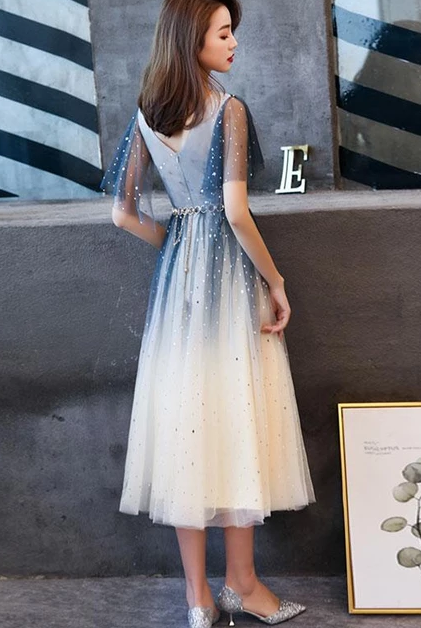 BLAUES TÜLL-PAILLETTEN-KURZES HEIMKLEID, BRAUTJUNGFERNKLEID cg4962