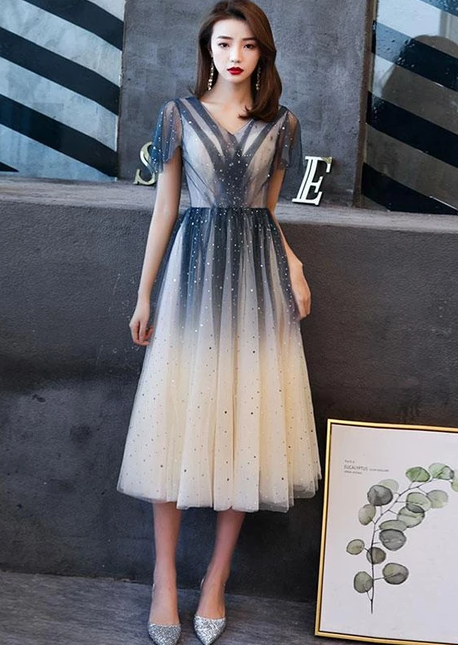 BLAUES TÜLL-PAILLETTEN-KURZES HEIMKLEID, BRAUTJUNGFERNKLEID cg4962