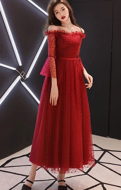Weinrotes Ballkleid aus Tüllspitze in Teelänge, weinrotes Abendkleid cg4965