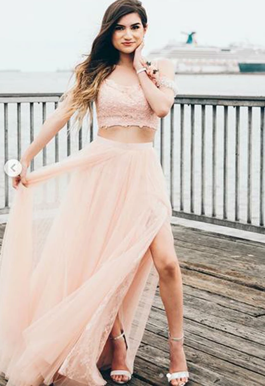 Zweiteiliges rosa Ballkleid mit schulterfreiem Ausschnitt und Applikationen, Abendkleider cg4970