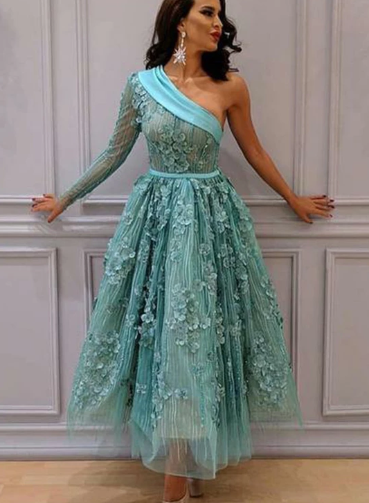 Ein-Schulter-Blau Lange Ballkleider mit Ärmelapplikationen Abendkleider cg4972