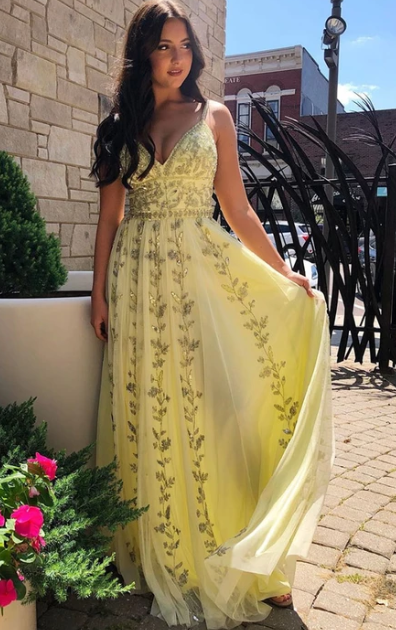 Gelbes langes Ballkleid mit V-Ausschnitt und Pailletten, Abendkleid cg4975