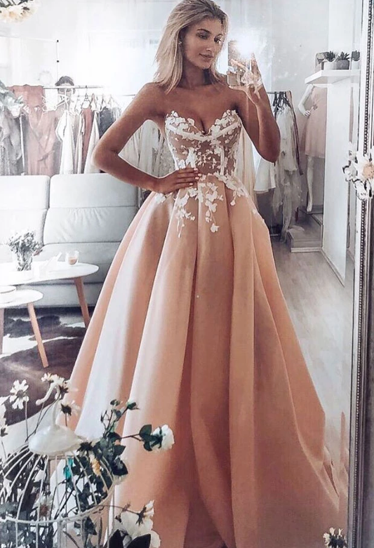 Champagner-rosa Herzausschnitt Tüll Spitze langes Ballkleid Spitze Abendkleid cg4999