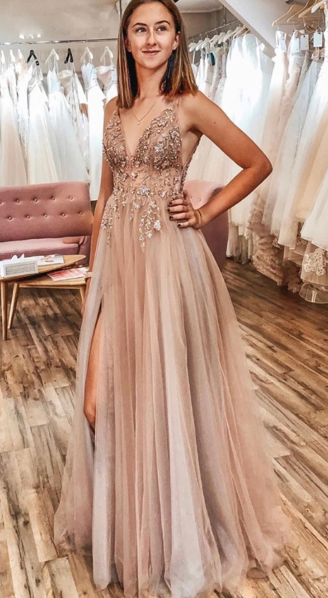 Champagner Tüll langes Ballkleid mit V-Ausschnitt Champagner Tüll Abendkleid cg5005